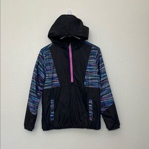 Land's End Hooded Girls Large Black Stripe Half Zip Jacket Lightweight Pullover